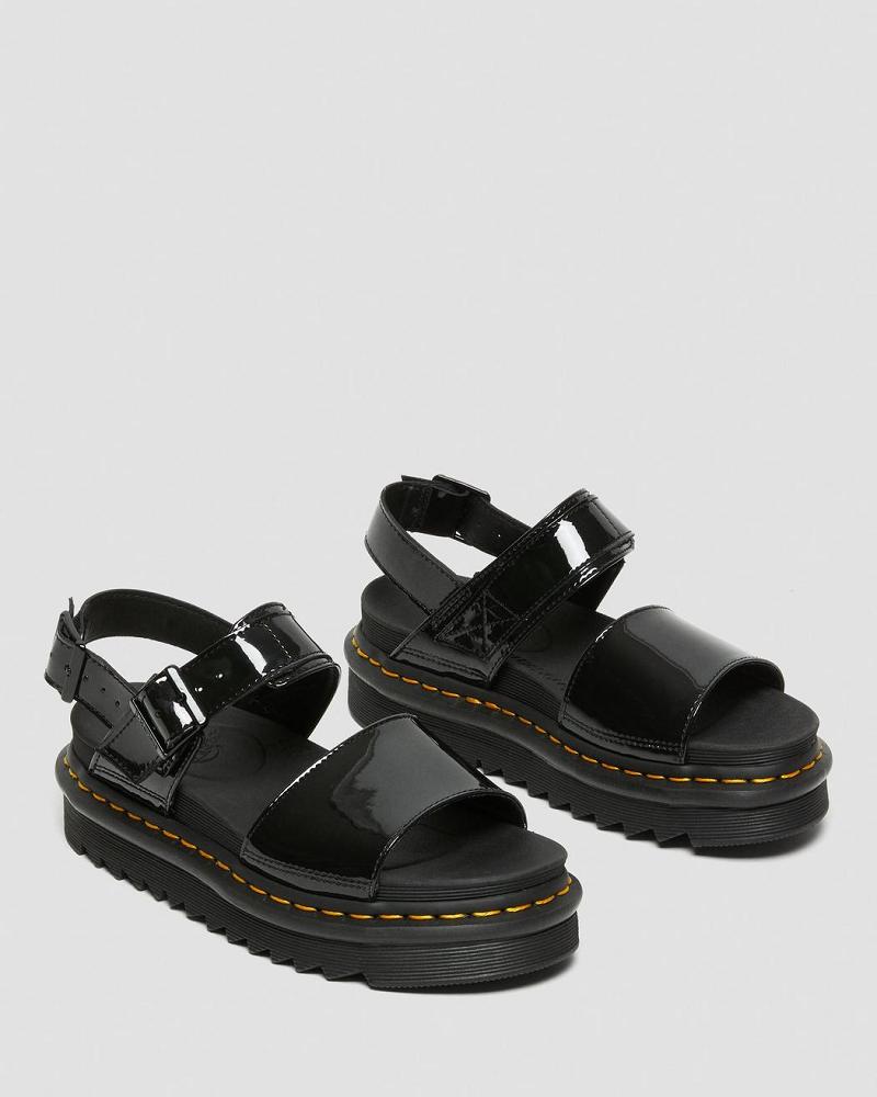 Black Women's Dr Martens Voss Patent Leather Gladiator Sandals | CA 307KOR